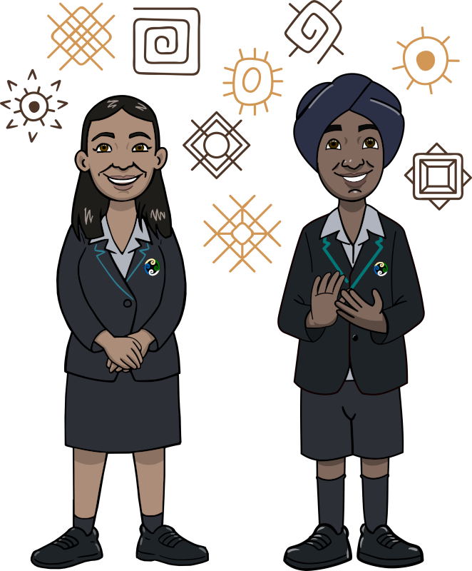 Brooklyn and Gurpreet with cultural symbols