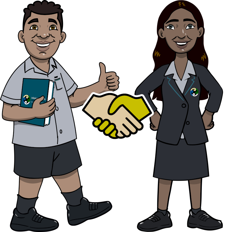 Lupe and Neha with handshake icon